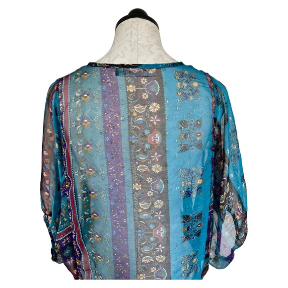 MYNE Ashley Ann Silk Sheer Boho Blouse Floral 3/4 Sleeve Ties at Neck Size 2 - Picture 7 of 13